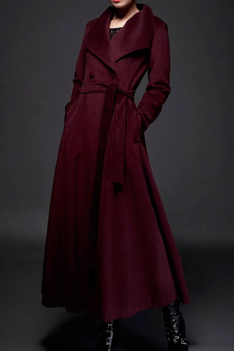 Dark Green Wool Long Coat - Double Breasted with Tie Belt 4712