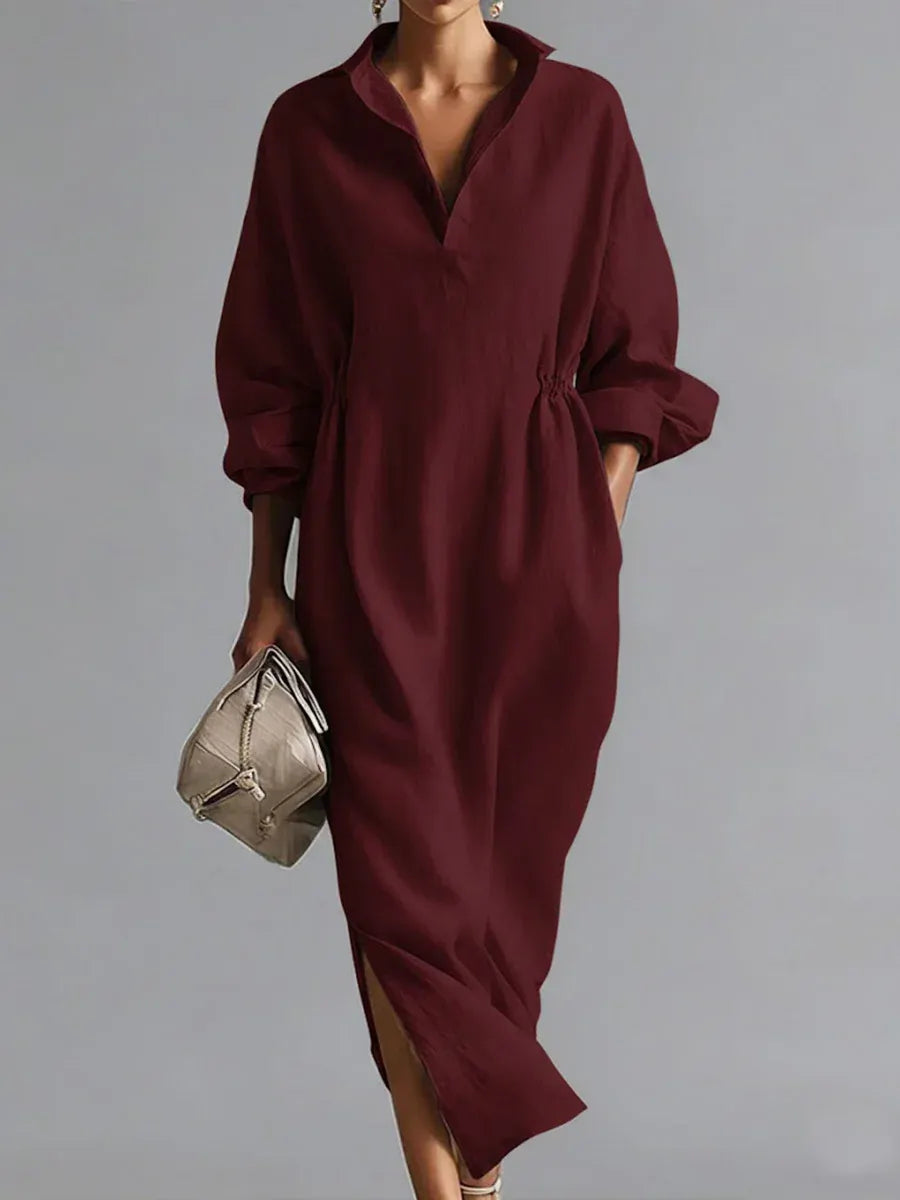 Women's Solid Color Lapel Long-sleeved Casual Loose Cotton Dress