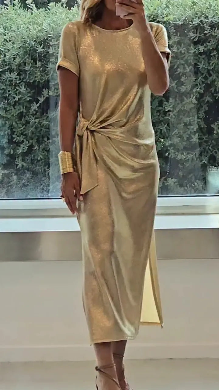 Ladies Round Neck Pleated Slit Temperament Casual Dress