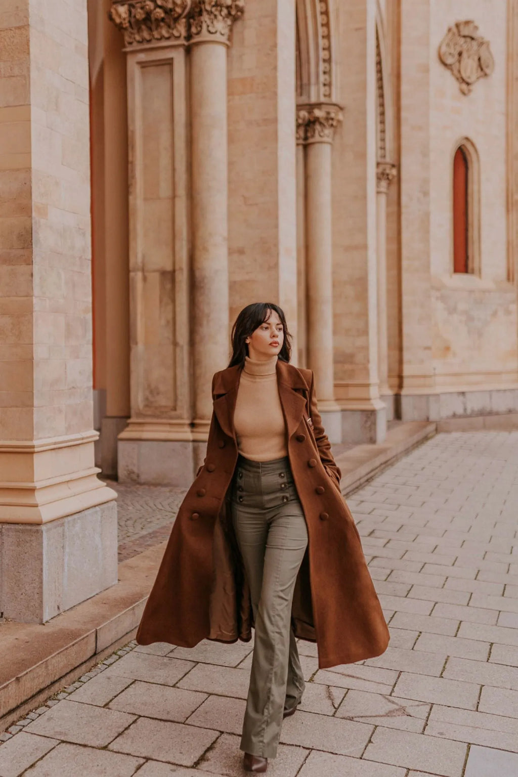 Brown Wool A-Line Trench Coat - Double Breasted Maxi 