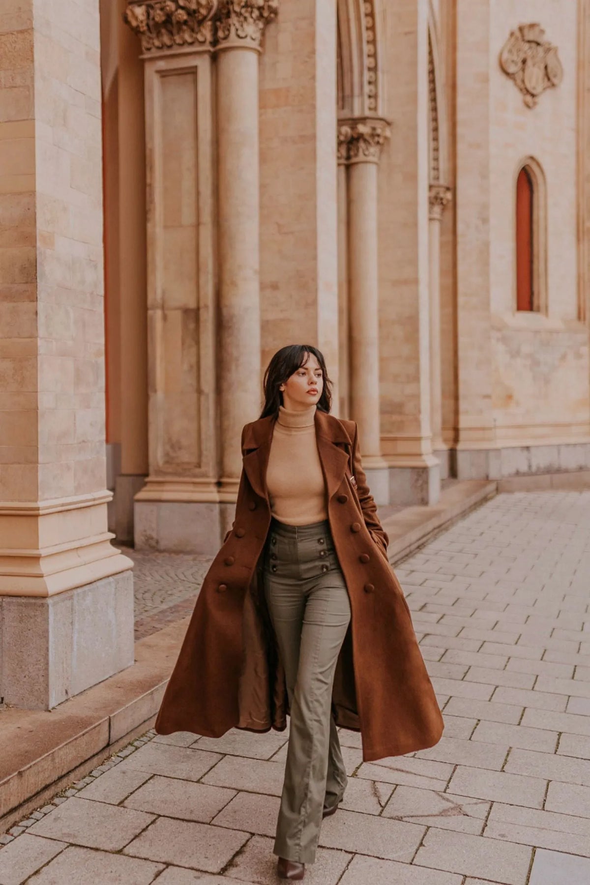 Brown Wool A-Line Trench Coat - Double Breasted Maxi 