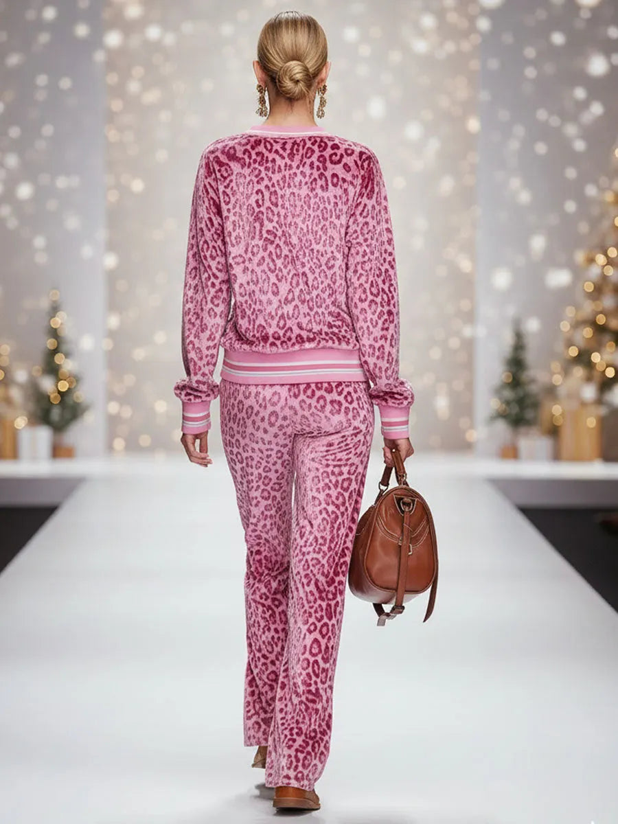Casual Sporty Retro Pink Velvet Leopard Print Sweatshirt And Wide-Leg Pants Set