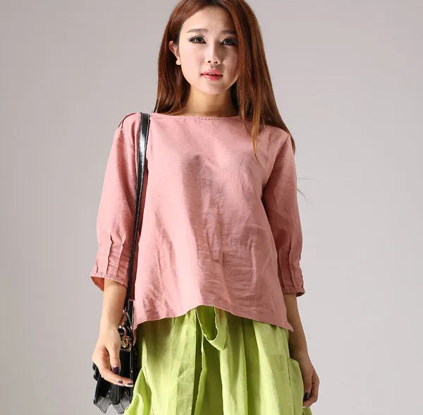 Loose linen top with boat neckline and 3/4 sleeve 1928#