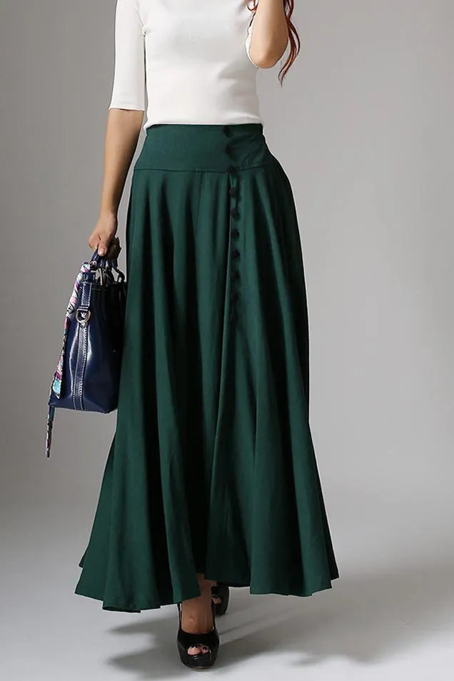 Handmade Green Linen Maxi Skirt – Vintage High Waist A-Line Skirt 