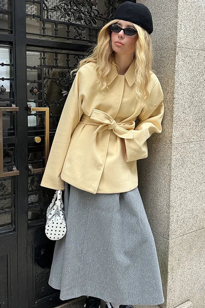 Solid Color Belted Midi Wool Blend Coat