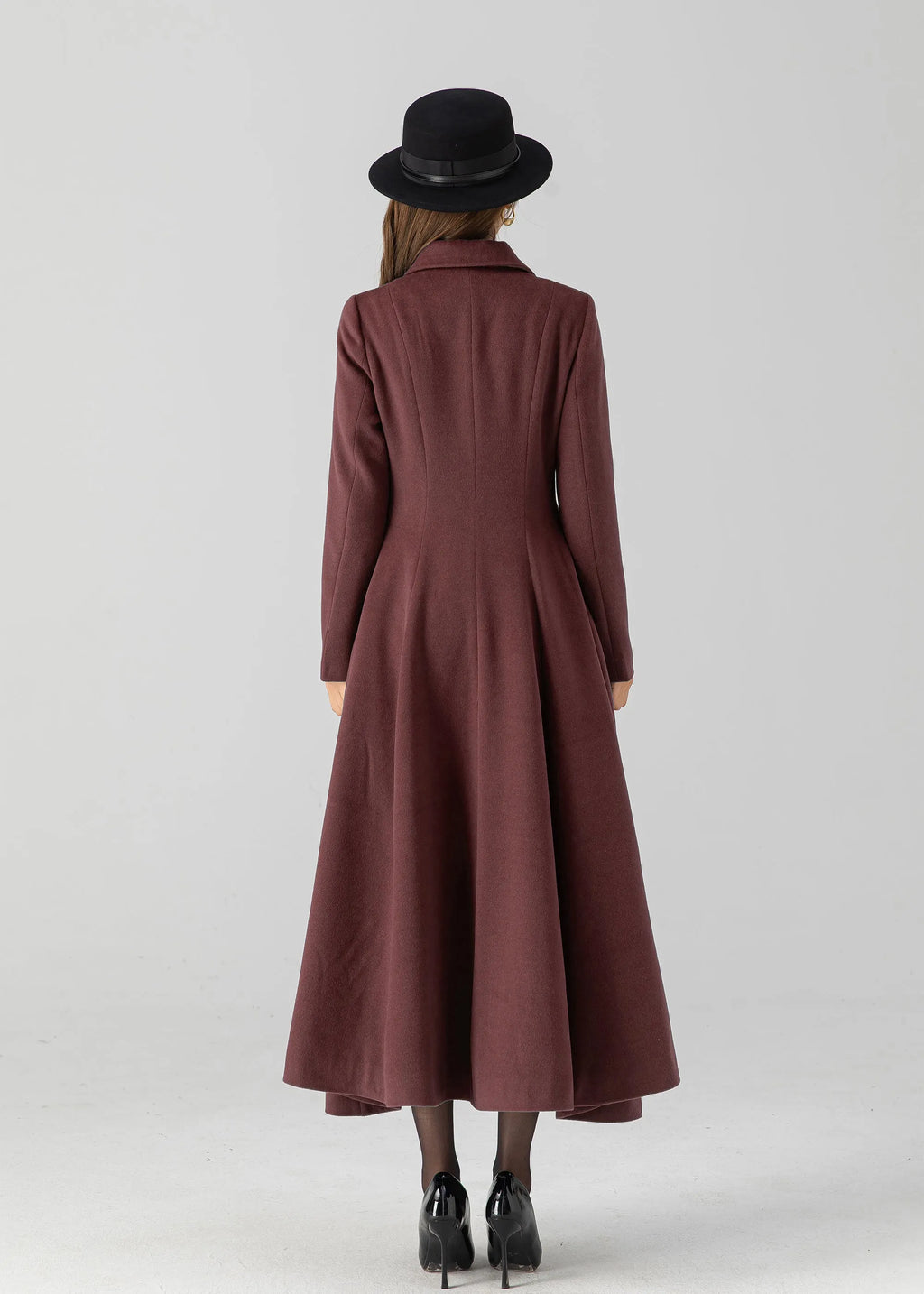 Burgundy Wool Long Coat - Vintage Inspired A-Line Swing 5506