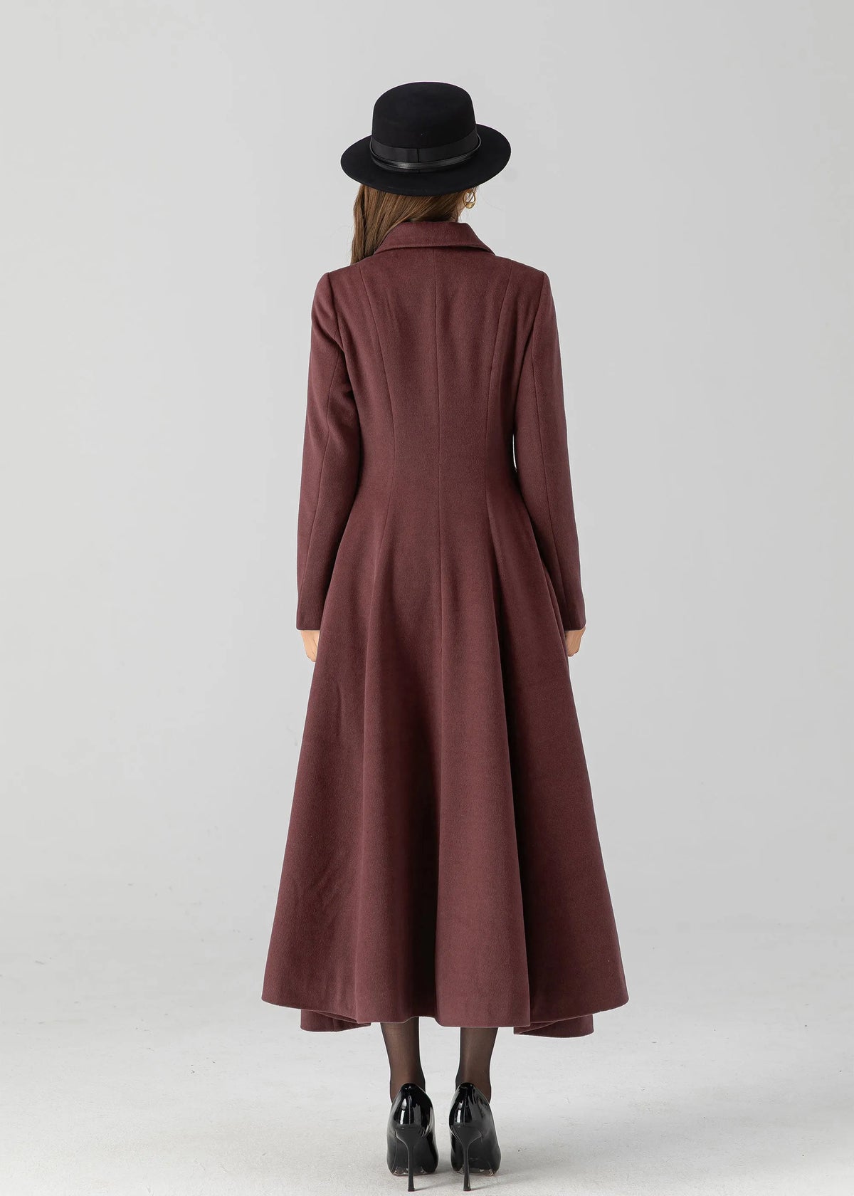 Burgundy Wool Long Coat - Vintage Inspired A-Line Swing 5506