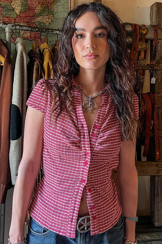 Vintage Red Plaid Polo Collar Button-Down Cropped Blouse