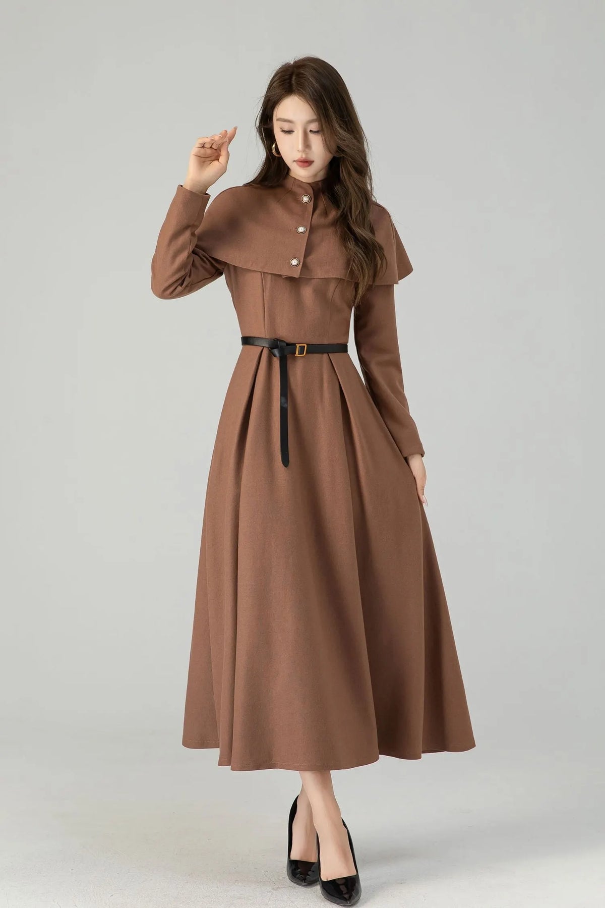 Dark Green Wool Midi Dress - Swing Silhouette with Detachable Cape 4560