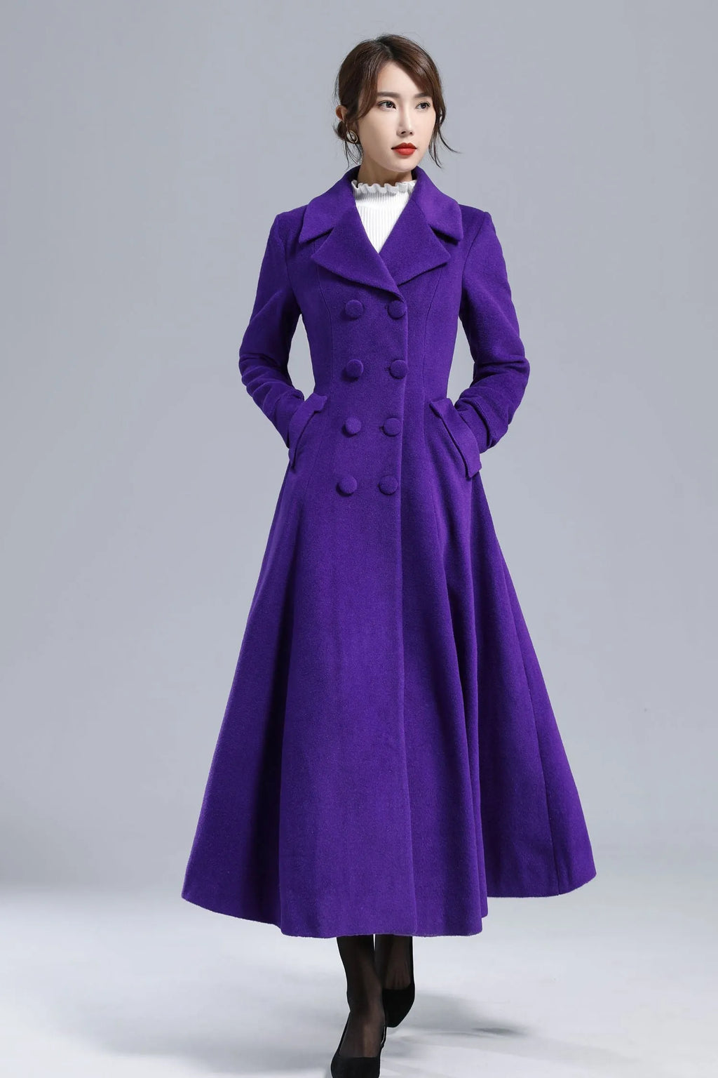 Purple Wool Coat - Vintage Double-Breasted Fit-and-Flare Overcoat 3237