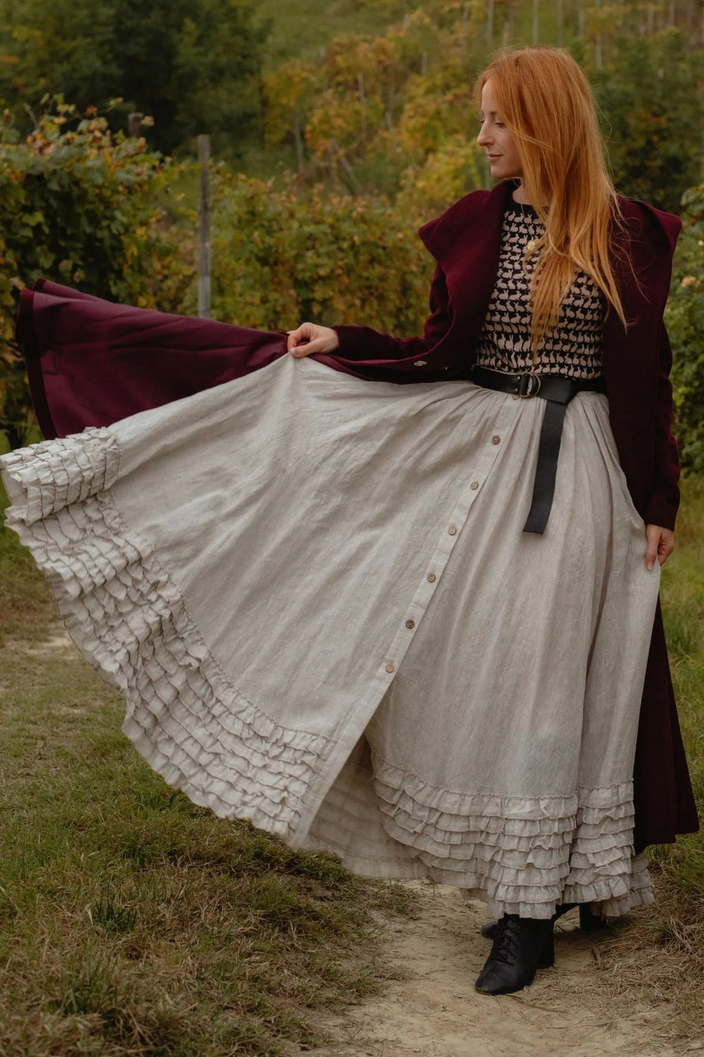 Burgundy Hooded Wool Coat – Handmade Long Belted Wool Winter Overcoat for Women 6546