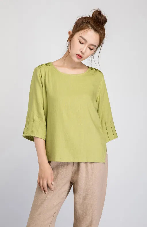 Beige Linen Blouse for Women – Pintuck Shoulder Top, 3/4 Sleeve Summer Shirt 1929