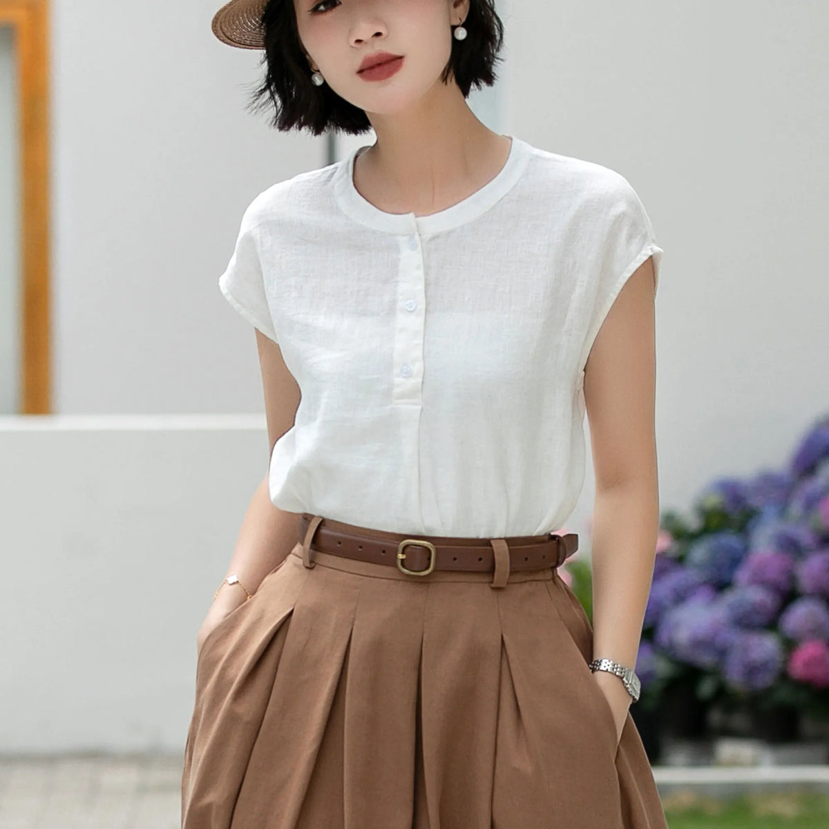 White Linen Blouse - Vintage Button Front with Subtle Ruffle Neckline 5992