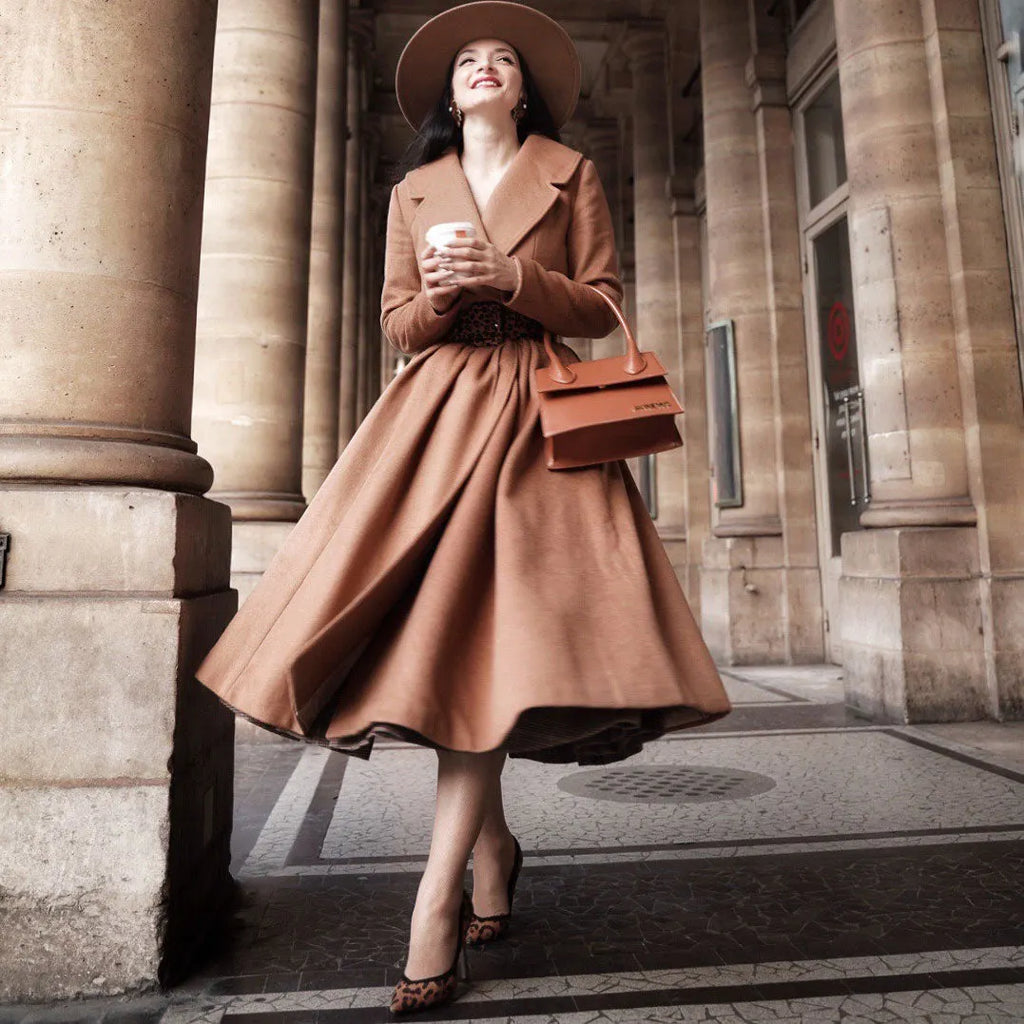 Elegant Camel Wool Blend Coat – Handmade Fit & Flare Midi Winter Coat 