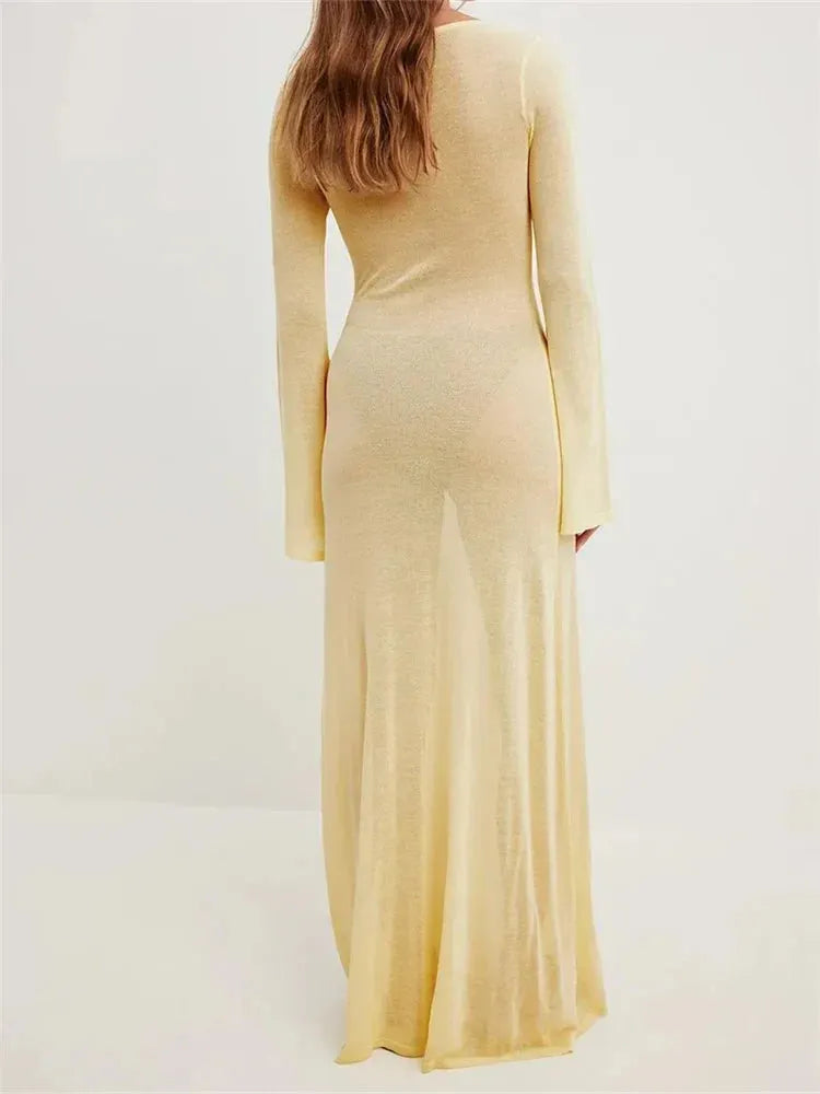 Women Vintage Sleeve V Neck See Through Slim Fit Solid Color Party Female Vestidos Streetwear