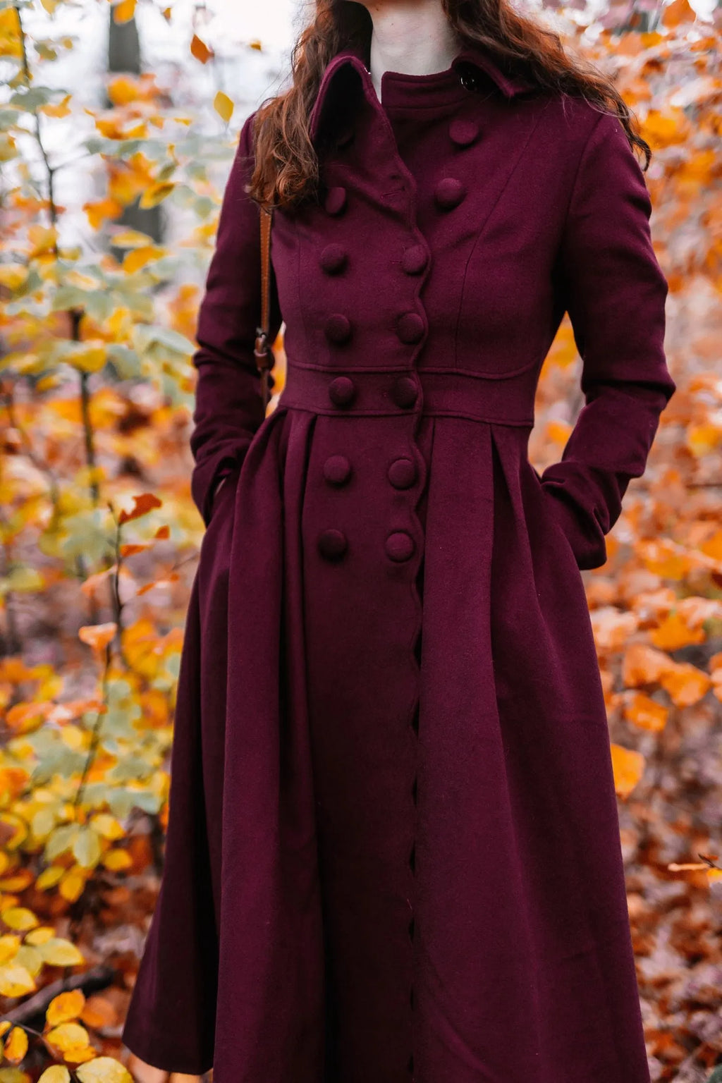 Handmade Burgundy Wool Coat – Autumn Princess Fit & Flare Overcoat 4741