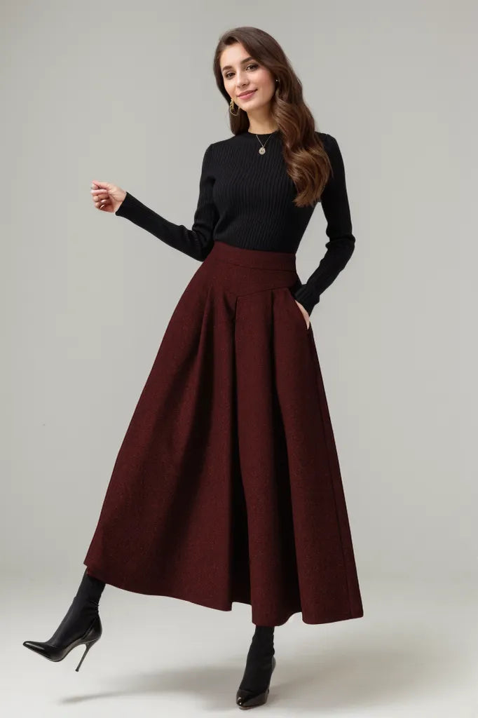 Burgundy Wool Maxi Skirt – Vintage High Waist A-Line Winter Skirt with Pockets 5227