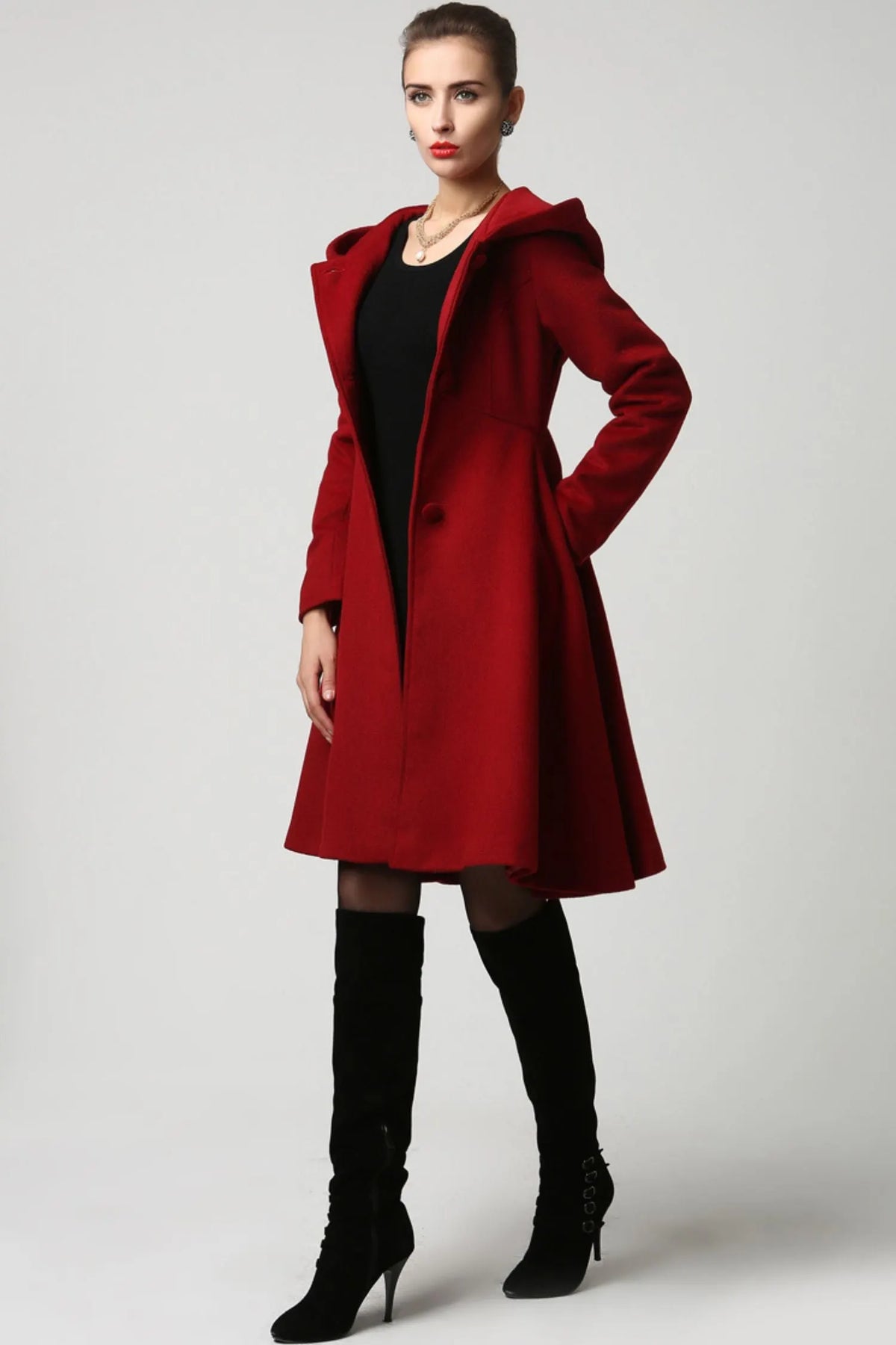 Dark Red Hooded Wool Coat – Vintage Fit and Flare Winter Overcoat 1117