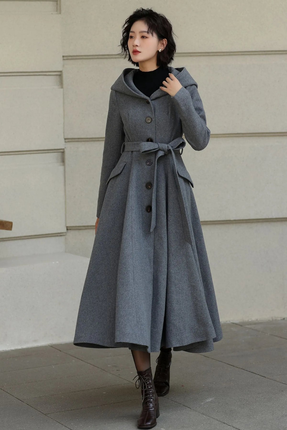 Gray Wool Long Coat - Hooded, Tie Belt, Fitted Waist 6535
