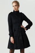 Elegant Black Winter Coat – Wool Blend Knee-Length Jacket with Stand Collar & Pockets 1957