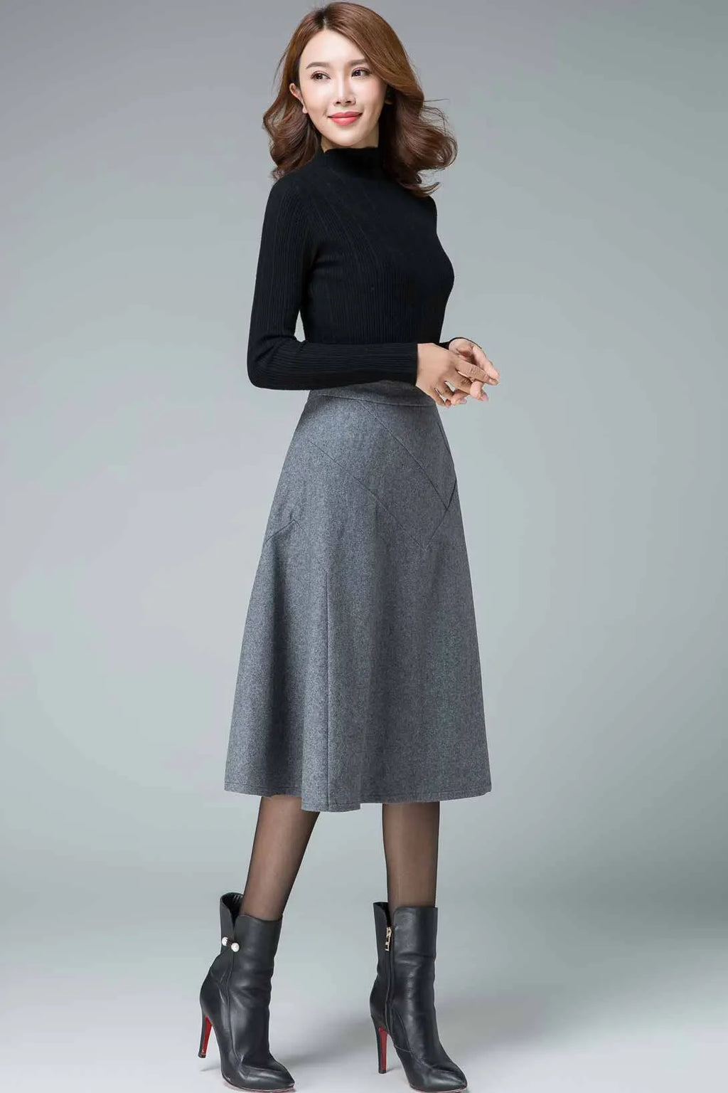 Gray Wool A-Line Skirt - Seam Detail Banded Waist 