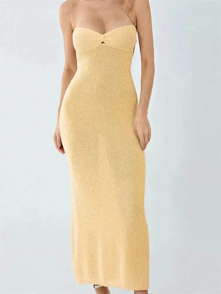Sexy Women Knitted Tube Strapless Off Shoulder Solid Summer Tie-up Backless Beach Female Vestidos
