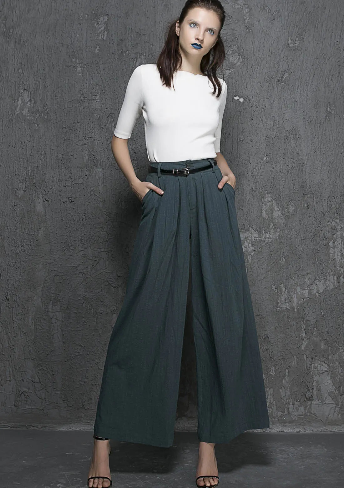 Green Linen Cotton Palazzo Pants - Wide Leg Ankle 