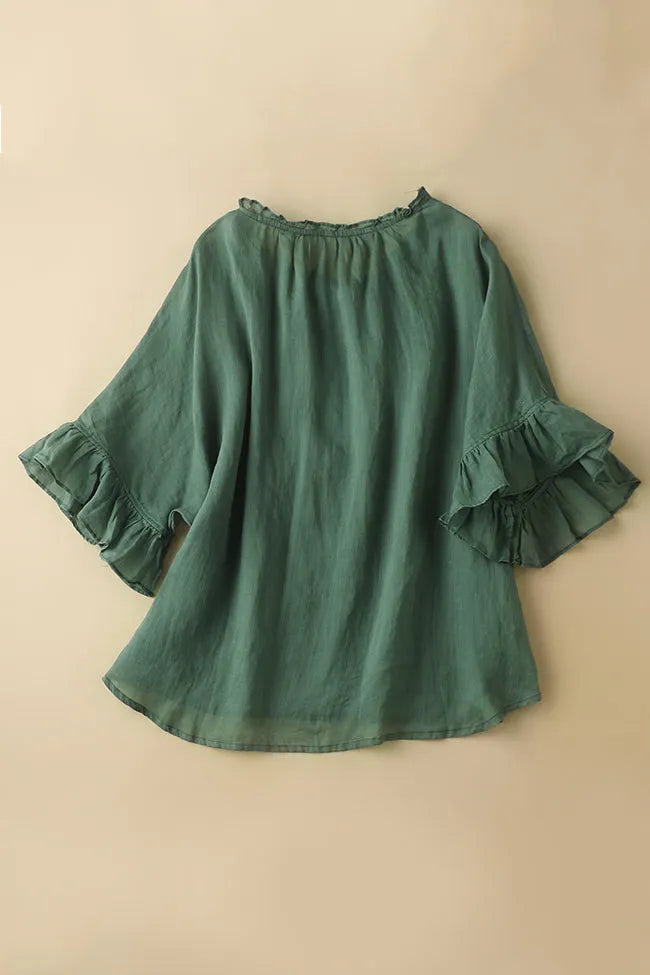 Green Linen Button-Up Top - Half Sleeve V-Neck 