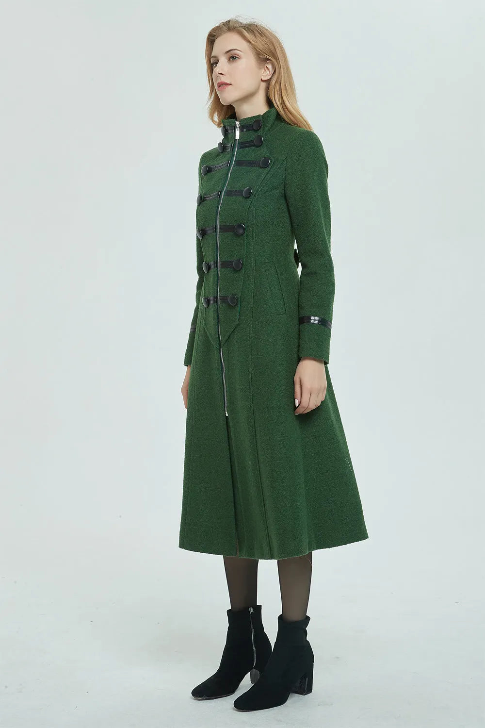 Vintage Wool Coat for Women – Handmade Green Military Style Long Winter Coat 