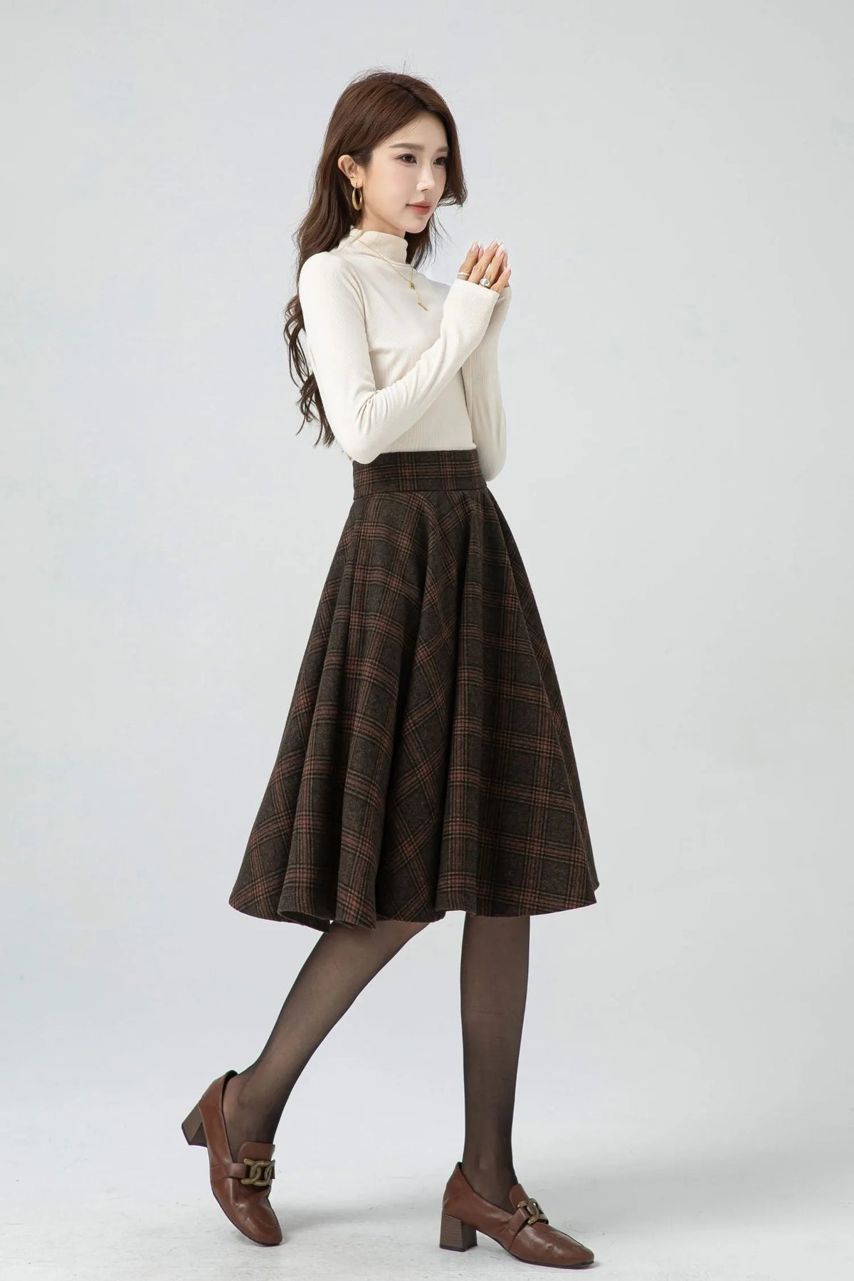 Brown Plaid Wool Midi Skirt – Vintage High Waist Pleated Circle Skirt 5323