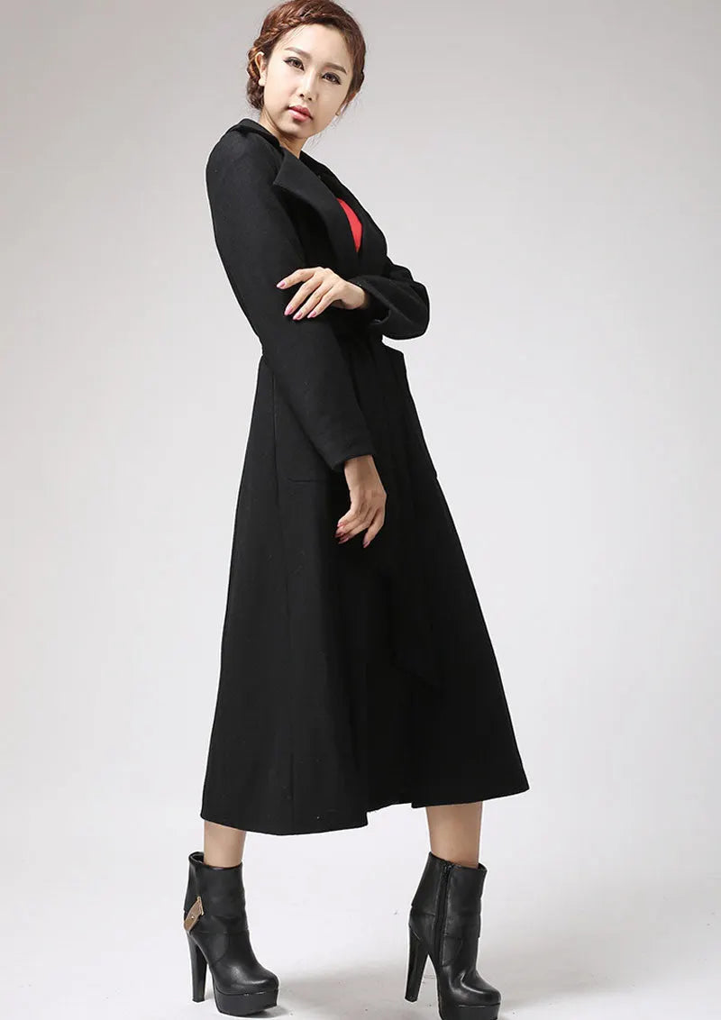 Handmade Black Wool Blend Coat – Elegant Long Winter Overcoat with Unique Collar 