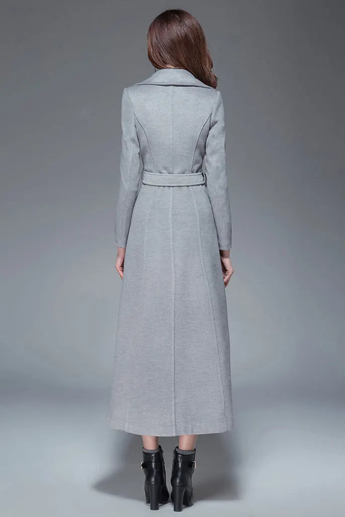 Handmade Light Gray Wool Coat – Elegant Double-Breasted Belted Long Overcoat 