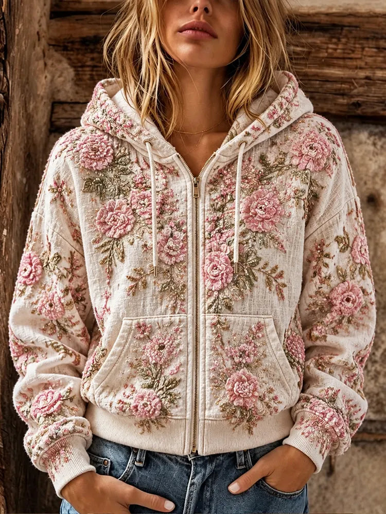 Women's Vintage Pink Floral Art Washed Cardigan Hoodie