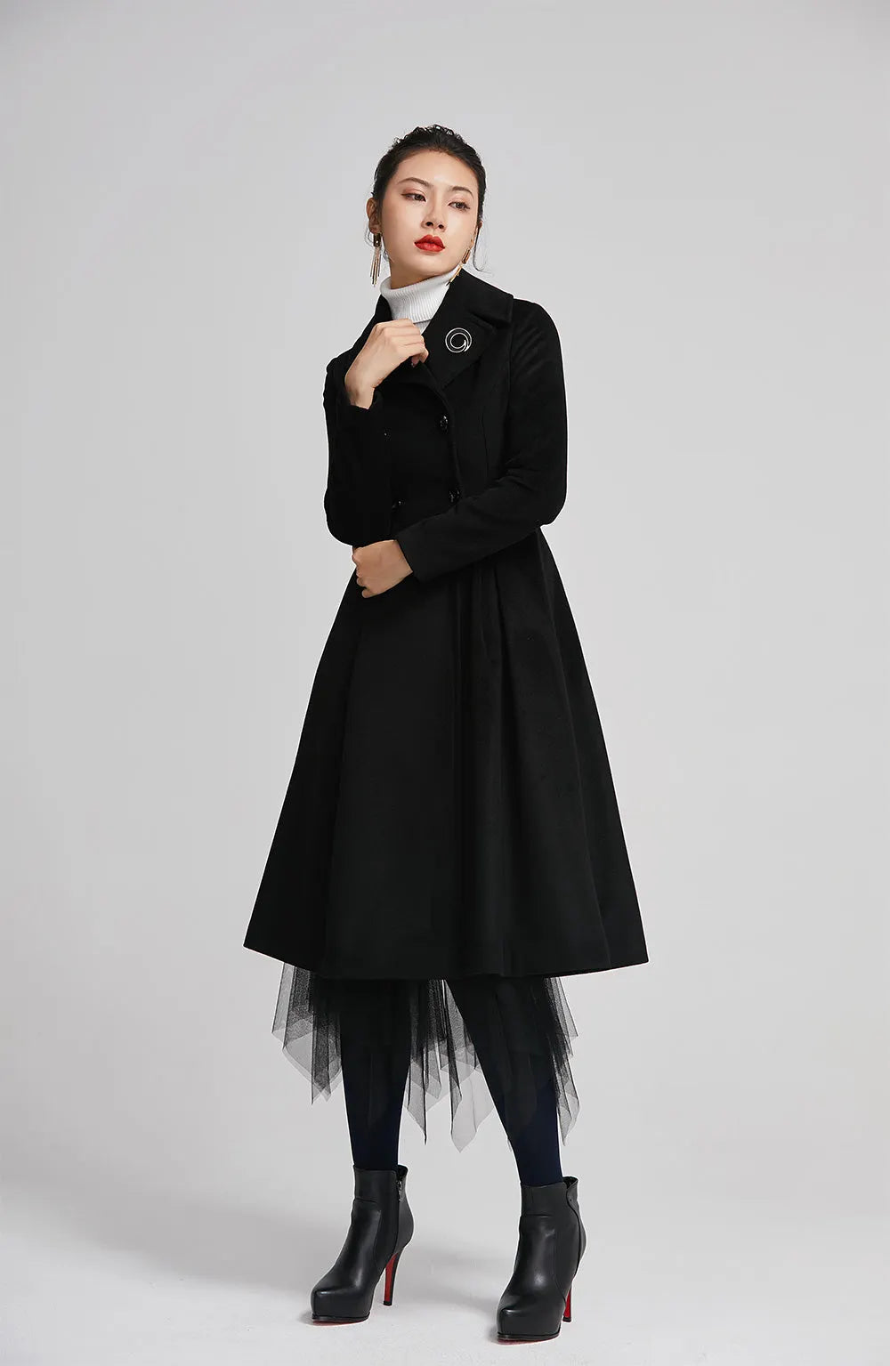 Black Wool Coat - Double-Breasted Fitted Winter Coat with Pockets 2258