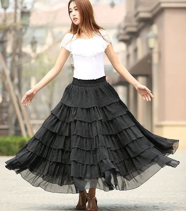 Black Chiffon Maxi Skirt - Tiered Ruffle Detail with Elastic Waist 939