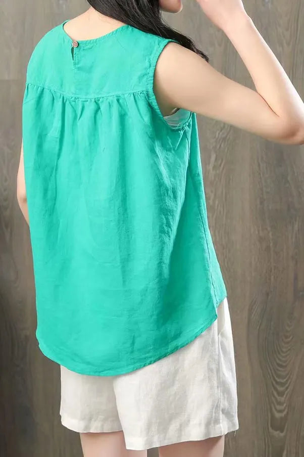 White Linen Sleeveless Tunic Top - Breathable Loose Fit J124