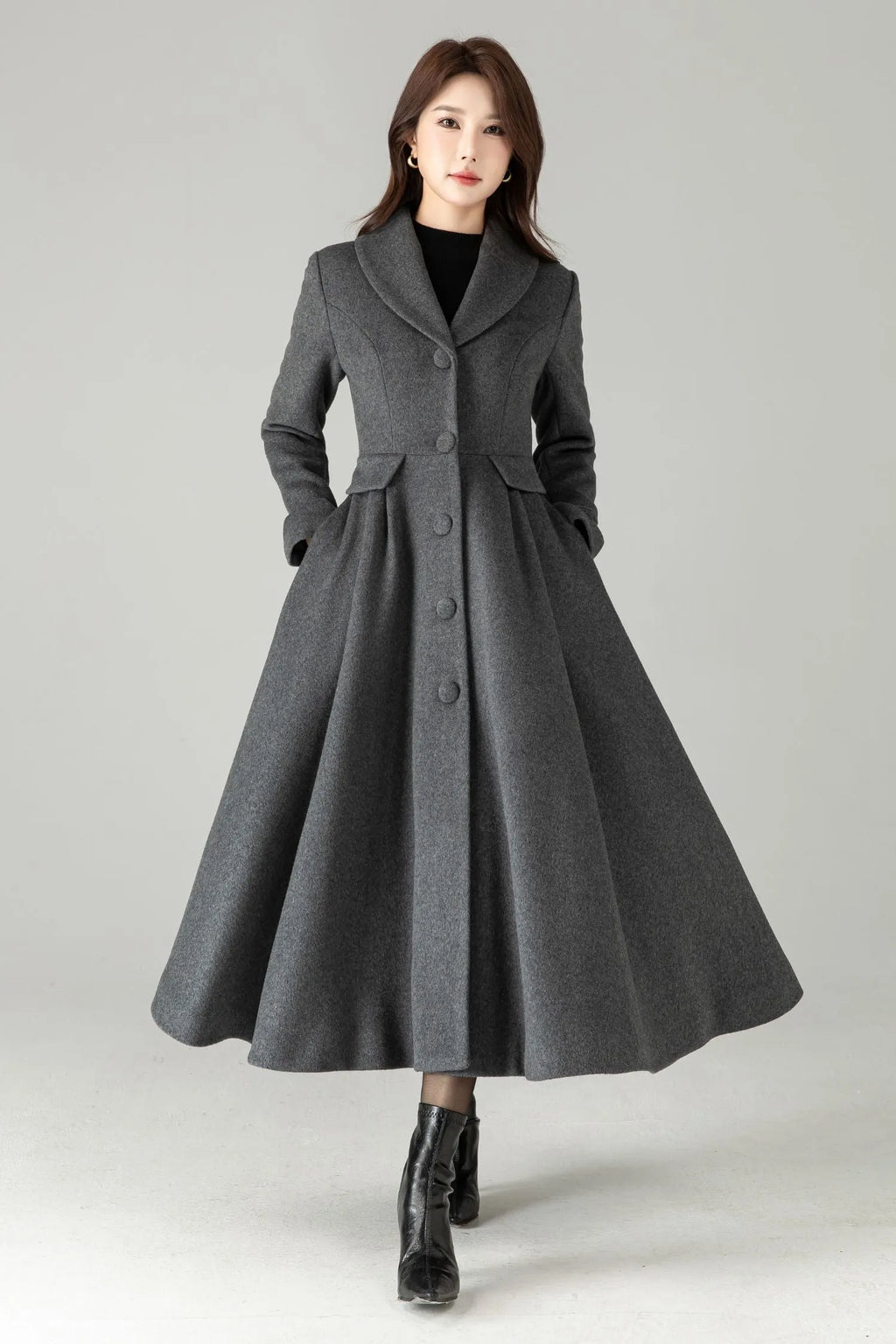Gray Wool Maxi Coat – Single-Breasted Fit & Flare Long Winter Coat 