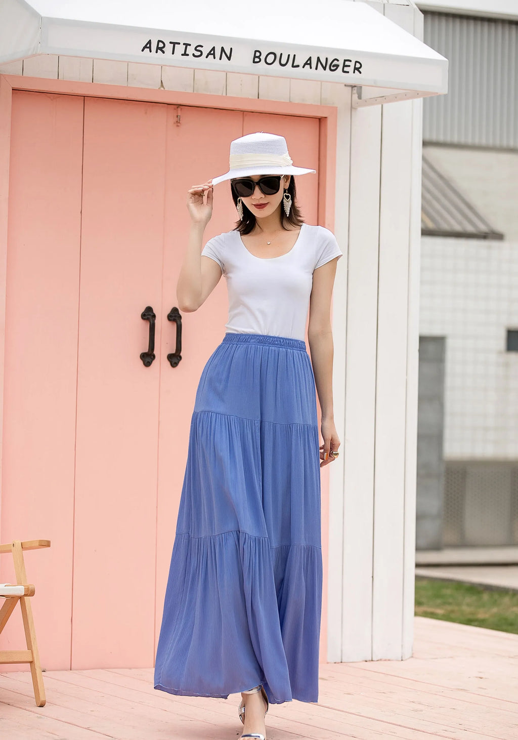 Blue Linen Cotton Maxi Skirt - Tiered, Elastic Waist 2717