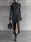 Women's Cold Shoulder Ribbed Lace Trim Black Dress MDZ0376I4YZJ