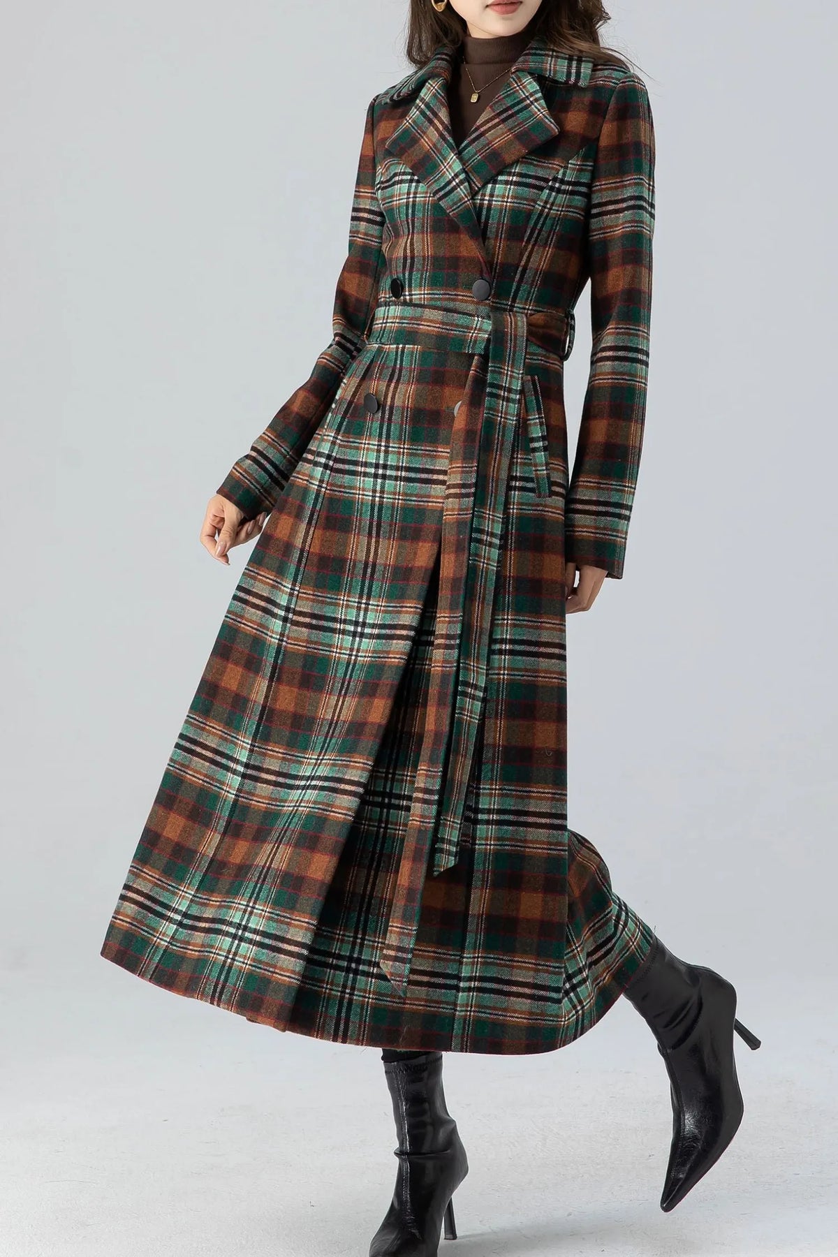 Plaid Wool Coat Maxi - Double Breasted Fit and Flare 4785