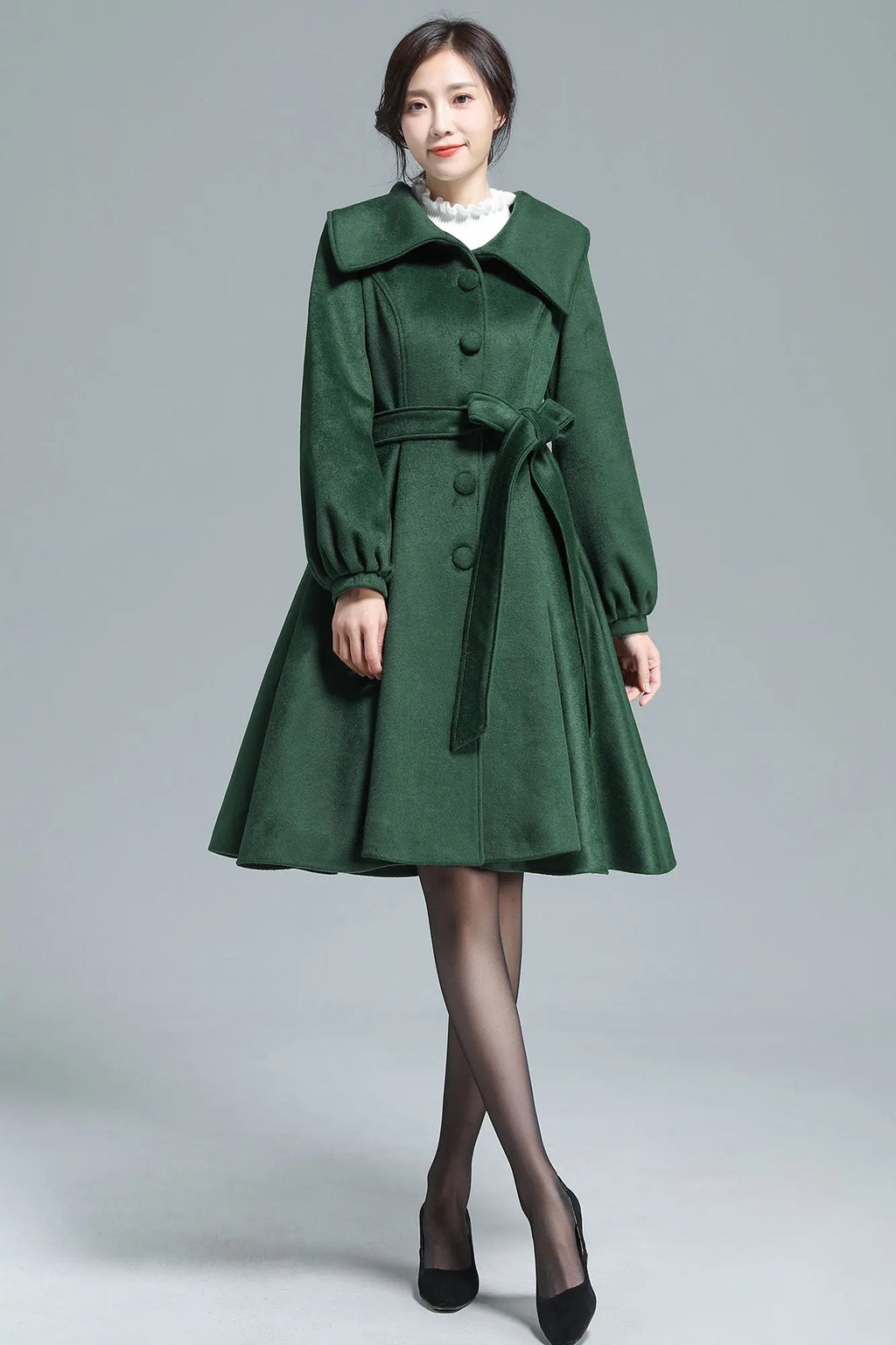 Army Green Wool Coat - Belted Swing Silhouette 3131