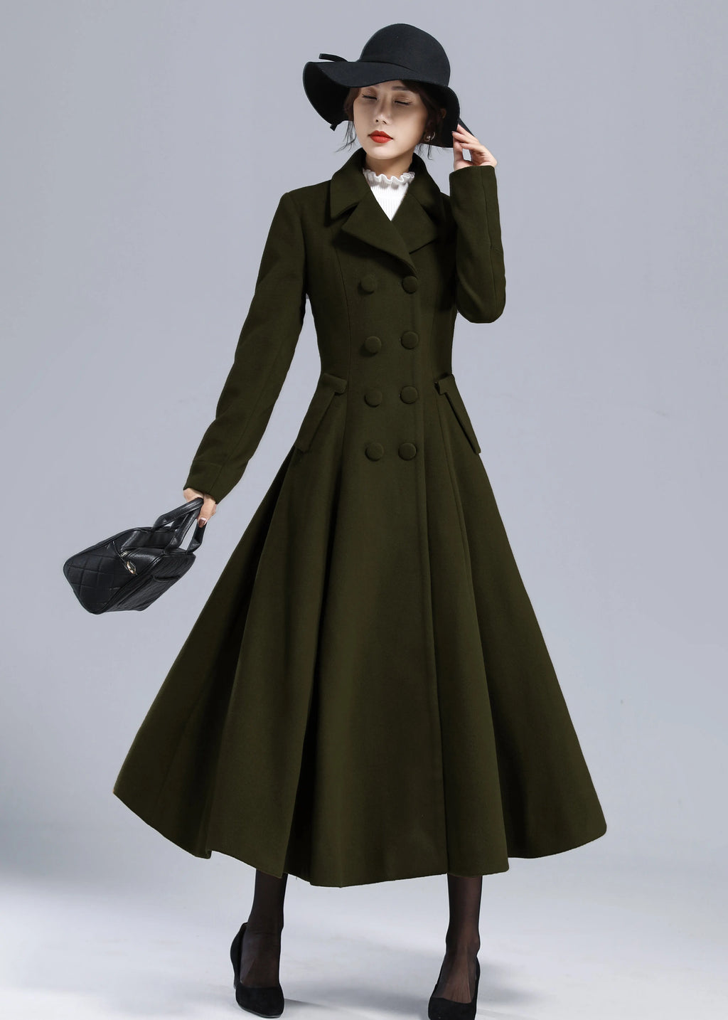 Forest Green Wool Maxi Coat – Vintage Fit and Flare Double Breasted Overcoat 5497