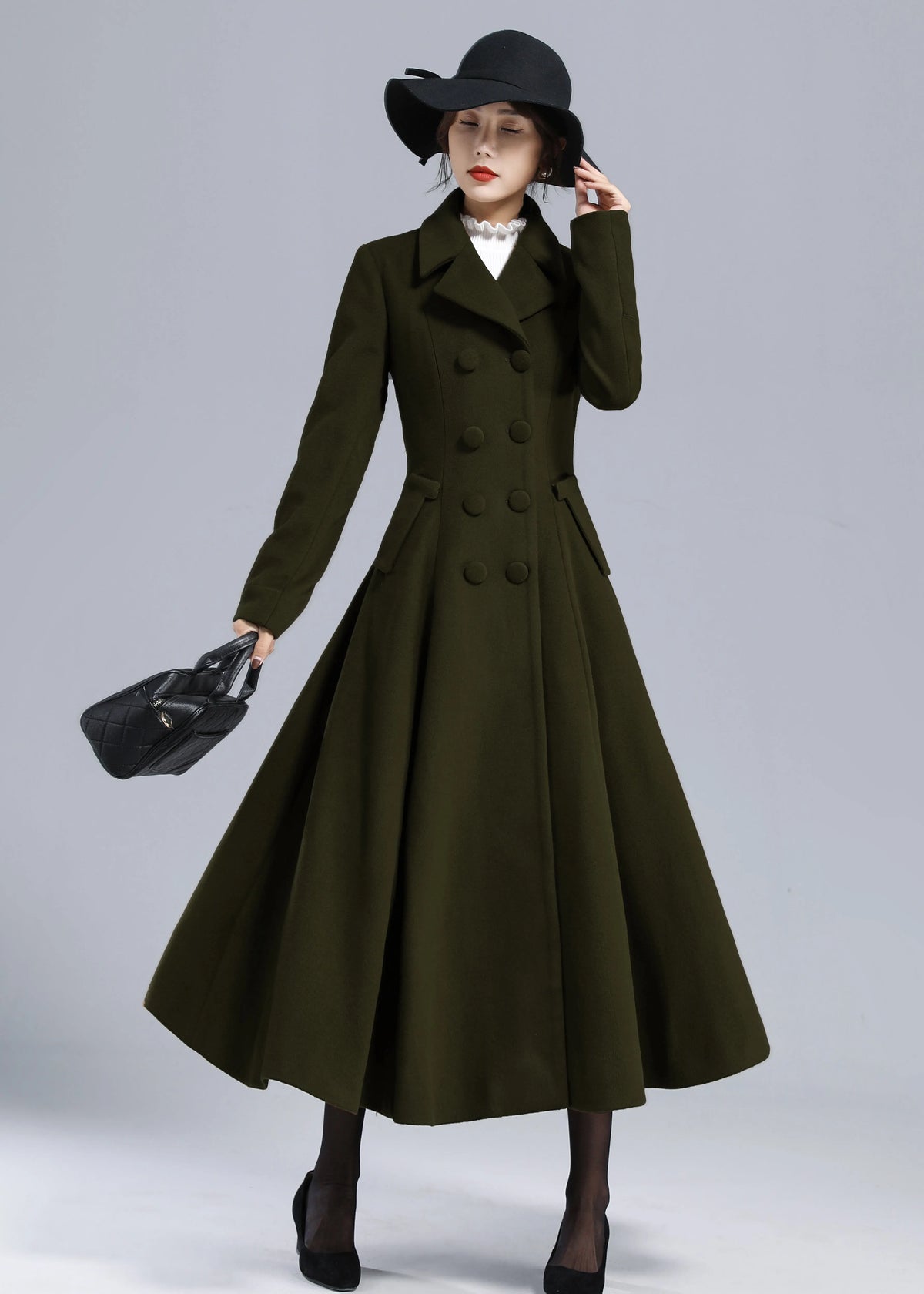 Forest Green Wool Maxi Coat – Vintage Fit and Flare Double Breasted Overcoat 5497