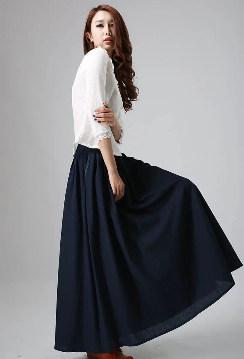 Navy Linen Maxi Skirt - Pleated Waist Side Pockets 