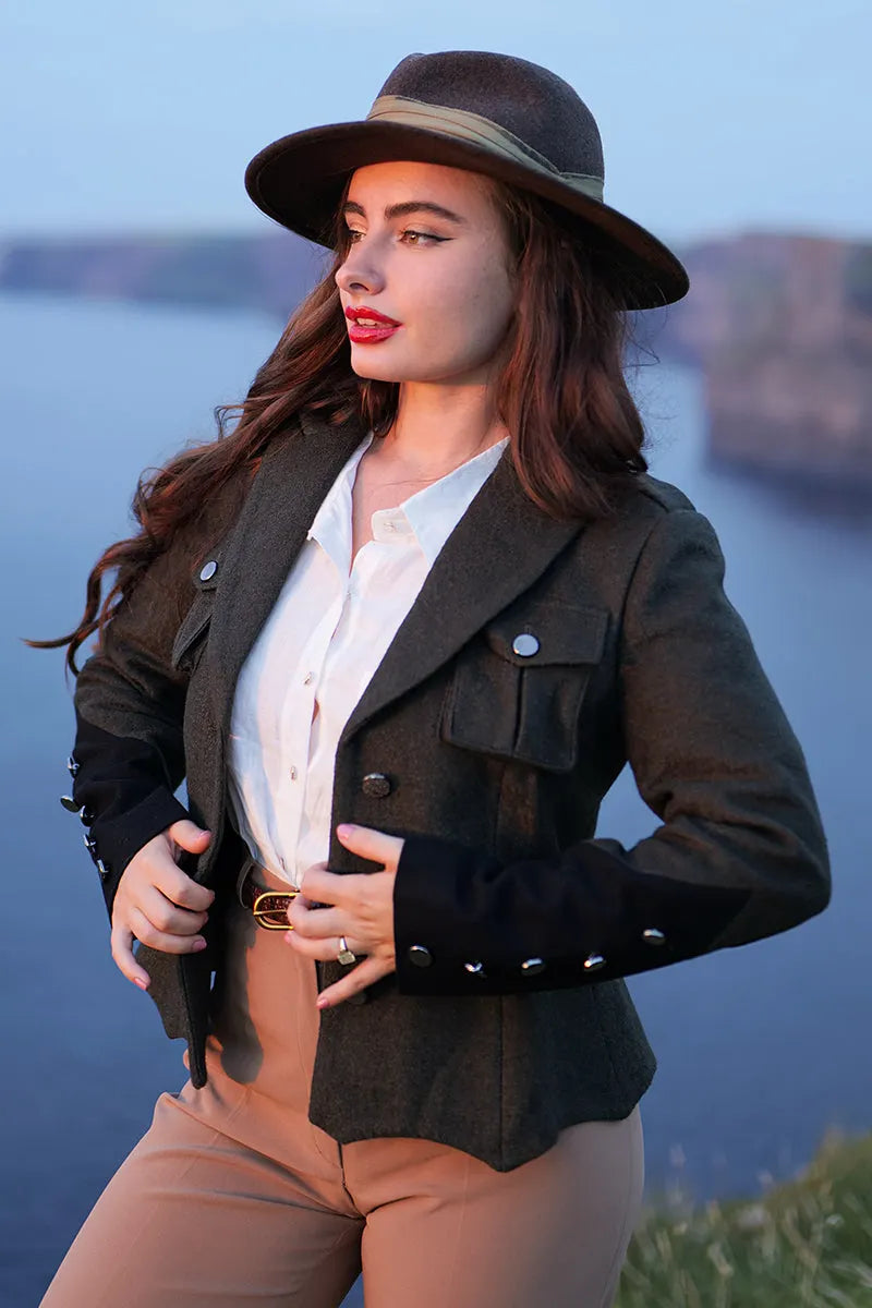 Handmade Army Green Wool Jacket – Vintage Military Short Coat with Belt 