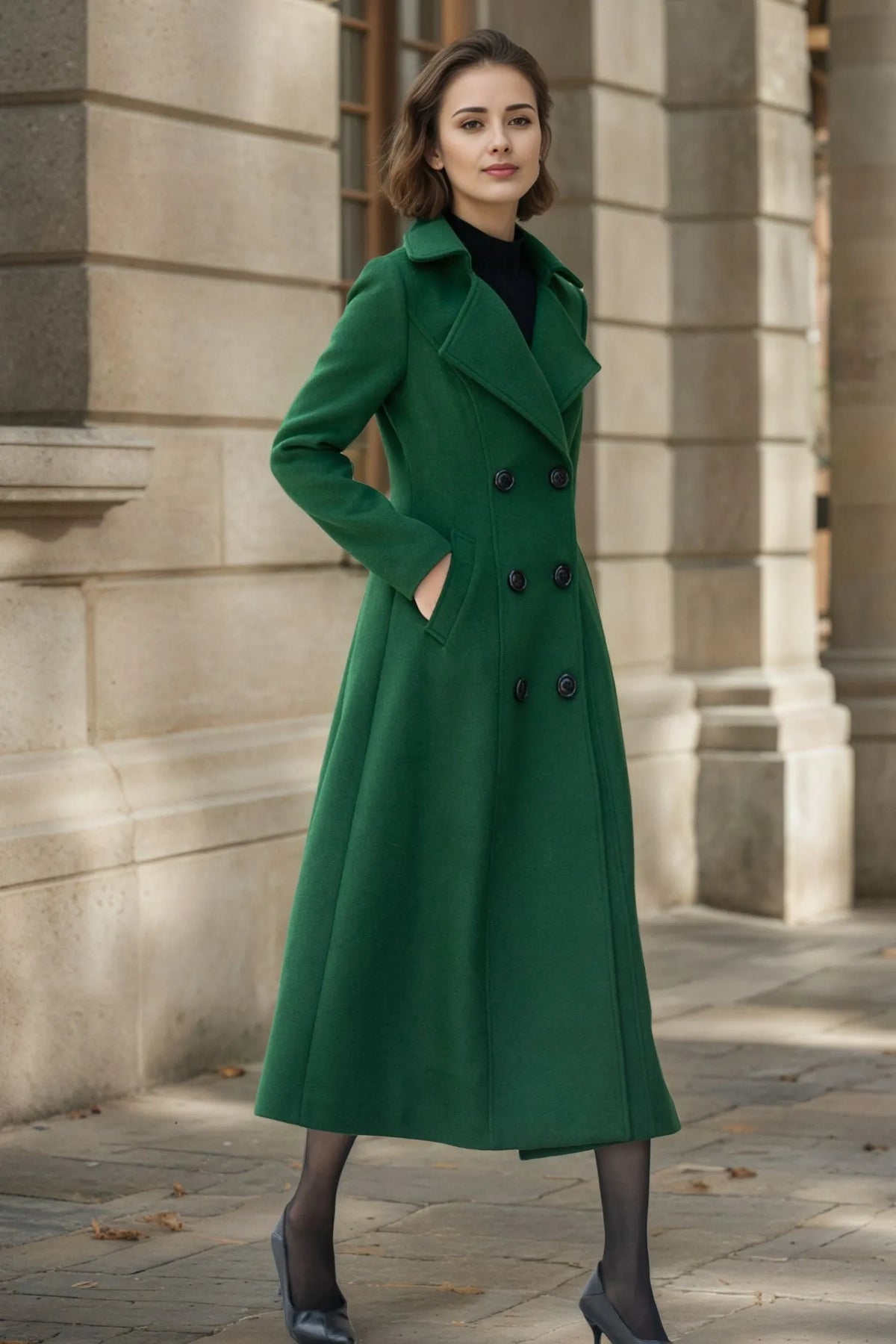 Double Breasted Wool Coat – Elegant Green Winter Overcoat for Women 6298