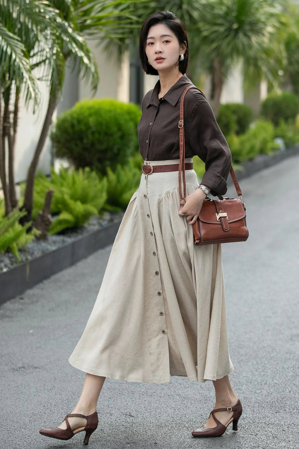 Beige Linen Midi Skirt – High Waist A-Line Button Front Skirt 6666 -Size xs #CK2600002