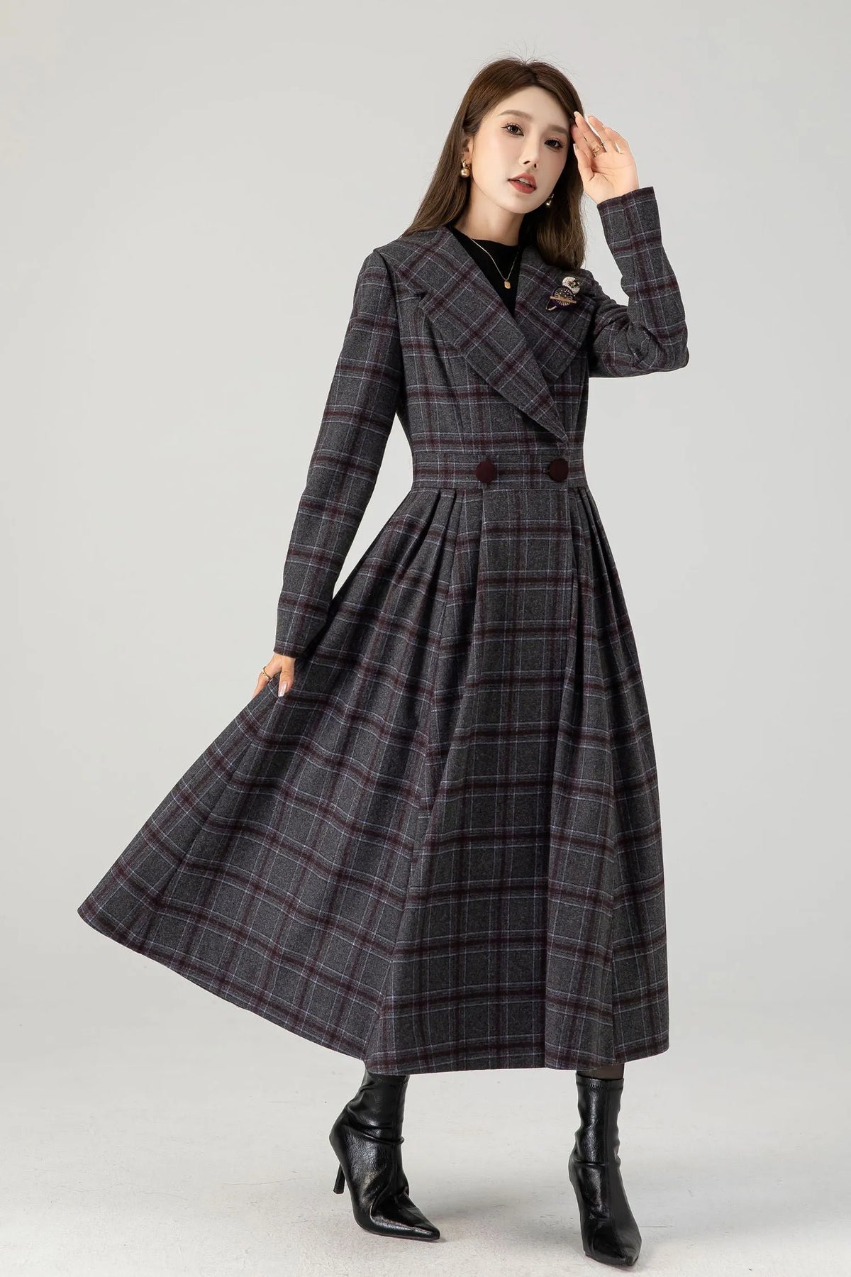 Handmade Plaid Wool Coat – Vintage Fit & Flare Double-Breasted Winter Overcoat 