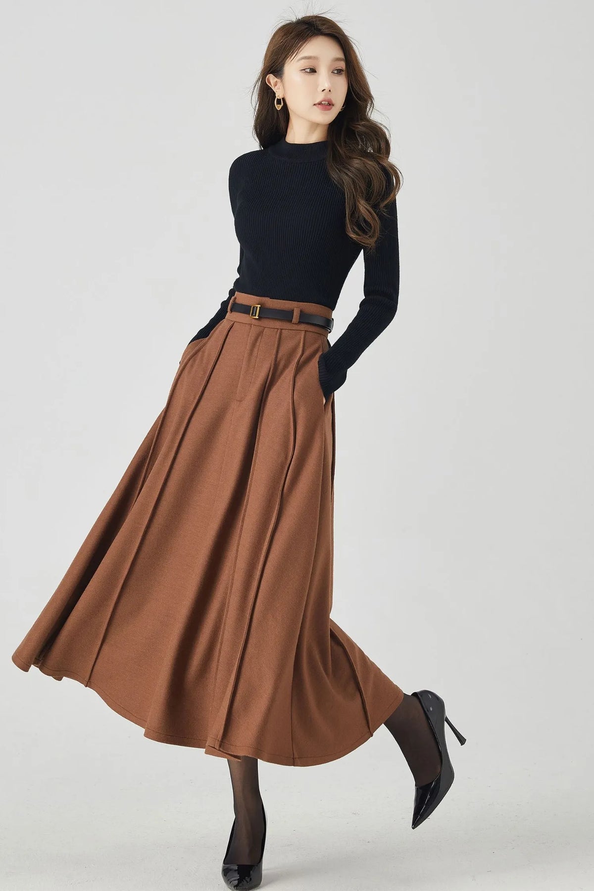 Brown Wool Pleated Midi Skirt – High Waist Winter Skirt with Pockets 4531