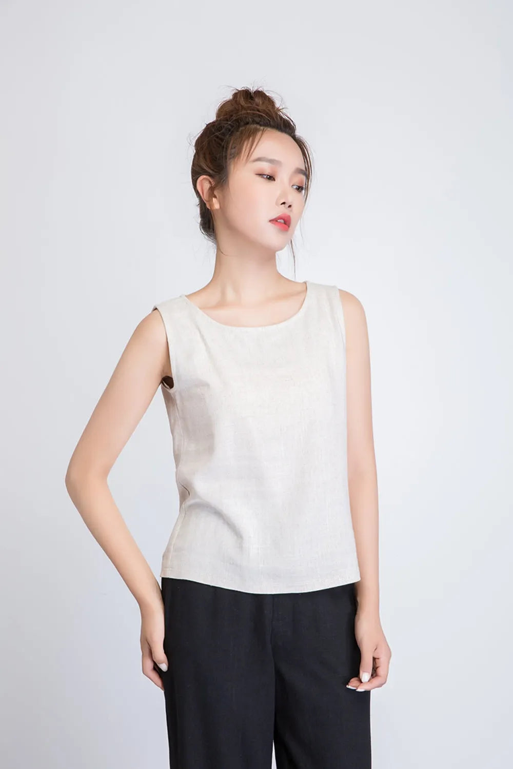 Beige Linen Blend Tank Top - Scoop Neck, Loose Fit 1945